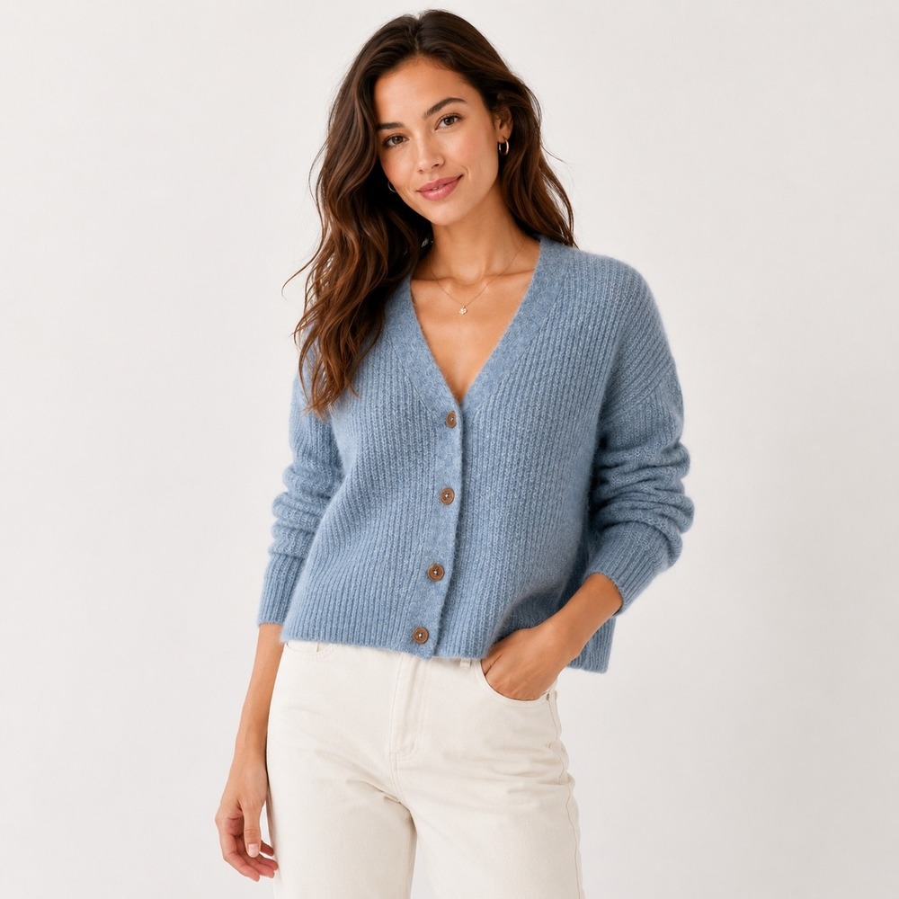 Pacas Baby Alpaca Blend Ribbed V-Neck Cardigan Sweater Light Blue XS